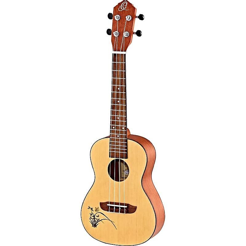 Ukelele para zurdos con tapa de abeto de la serie Bonfire RU5L de Ortega Guitars